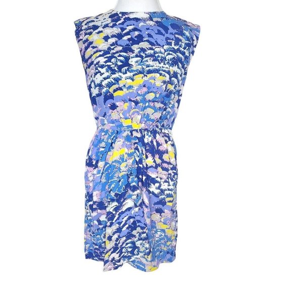 TIBI New York Dress 100% Silk Sz Medium Blue Sleeveless‎ Ruched Front Abstract - Picture 2 of 13